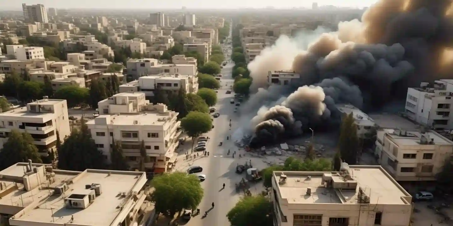 Airstrike smoke clouds rising over Gaza buildings (from a distance)