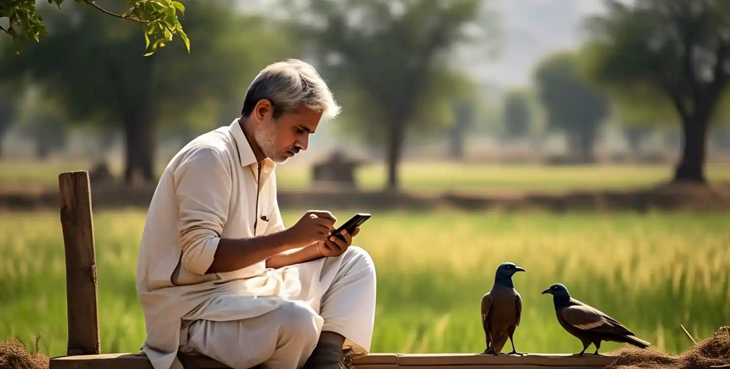 मोबाइल में किसान फॉर्म भरते हुए ग्रामीण पृष्ठभूमि में