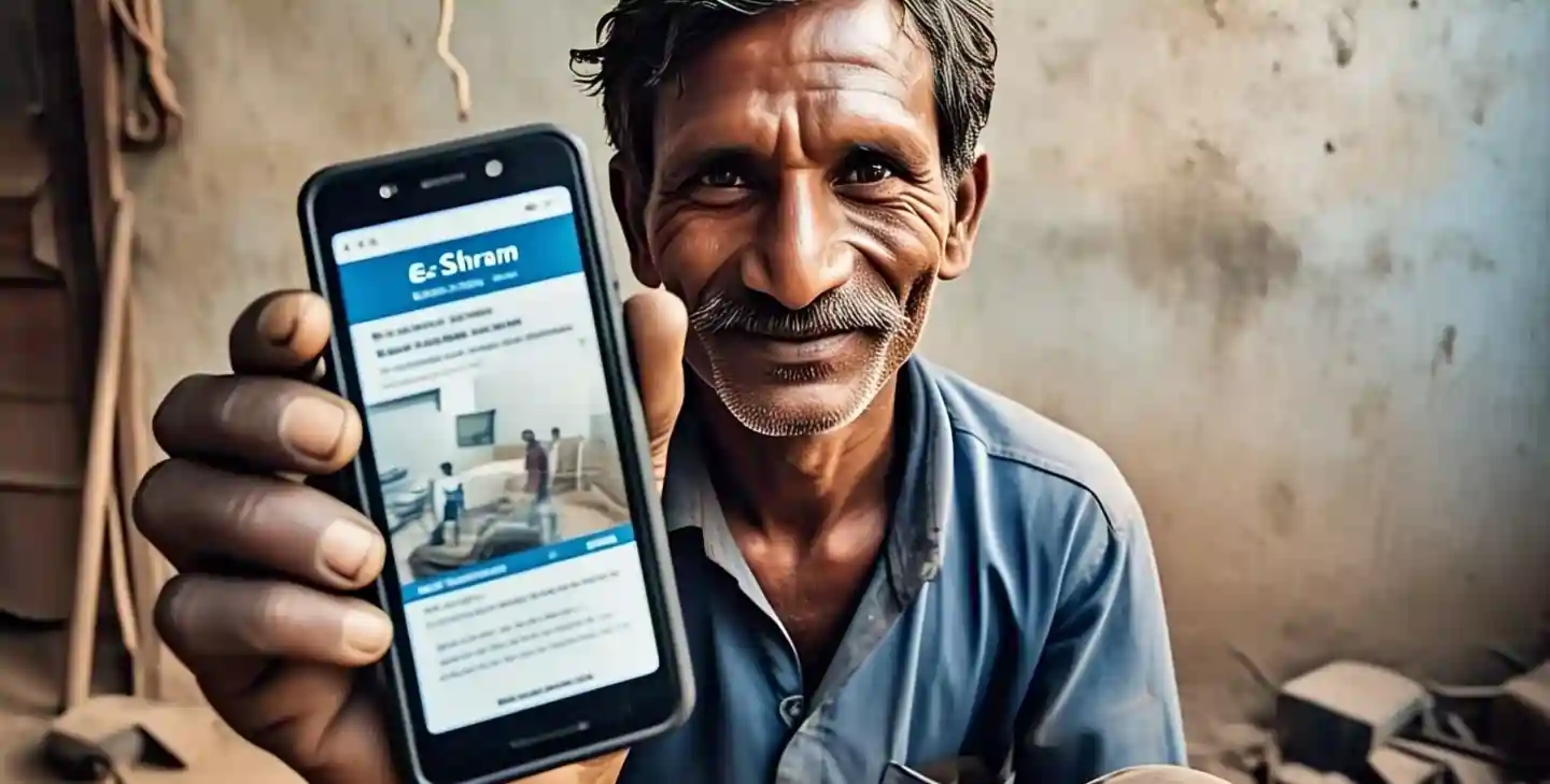 मोबाइल पर e-Shram कार्ड चेक करता हुआ मजदूर