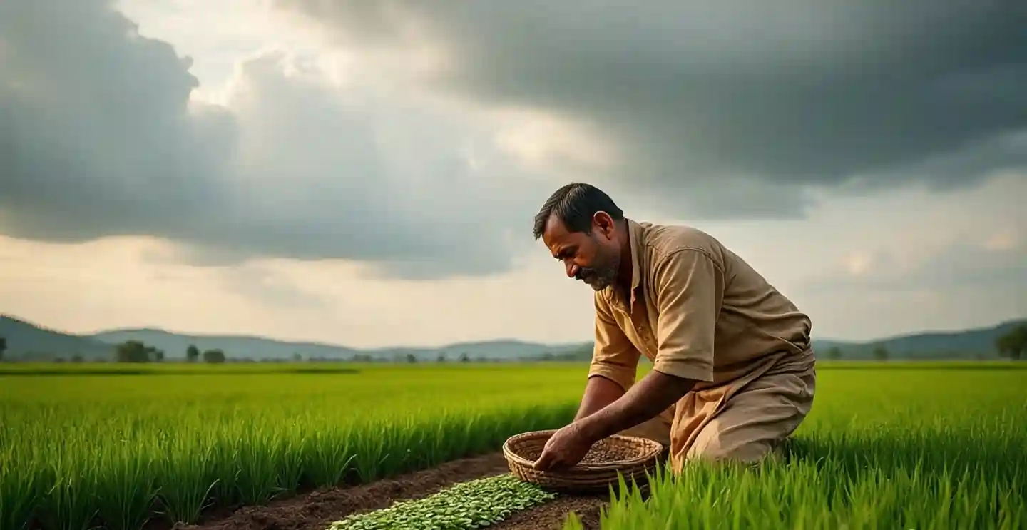 Indian farmers in a green paddy field during early 2025 monsoon rainfall
