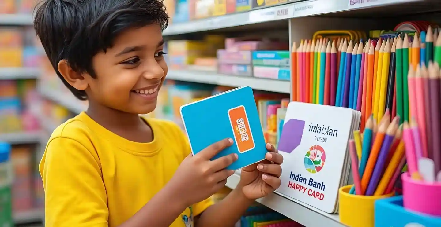 Indian Bank Happy Card student के हाथ में – stationery store पर swipe करता हुआ