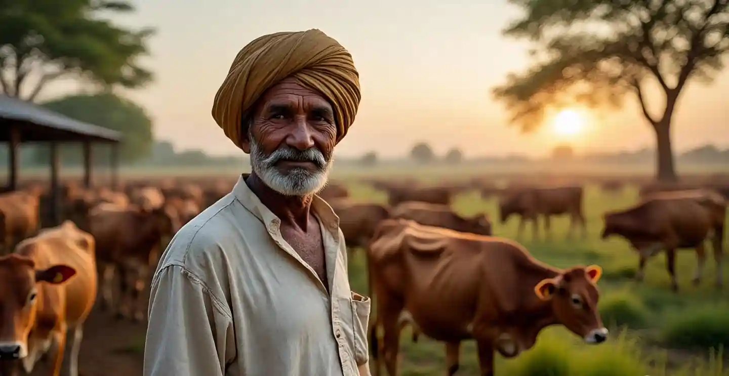 पशुपालन योजना में गाय-भैंस की देखभाल करता किसान
