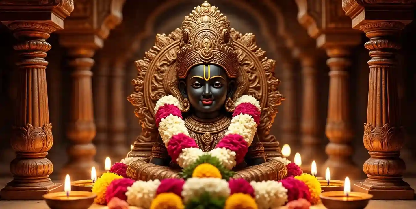 A priest chanting Venkatesh Stotra in front of Lord Balaji idol