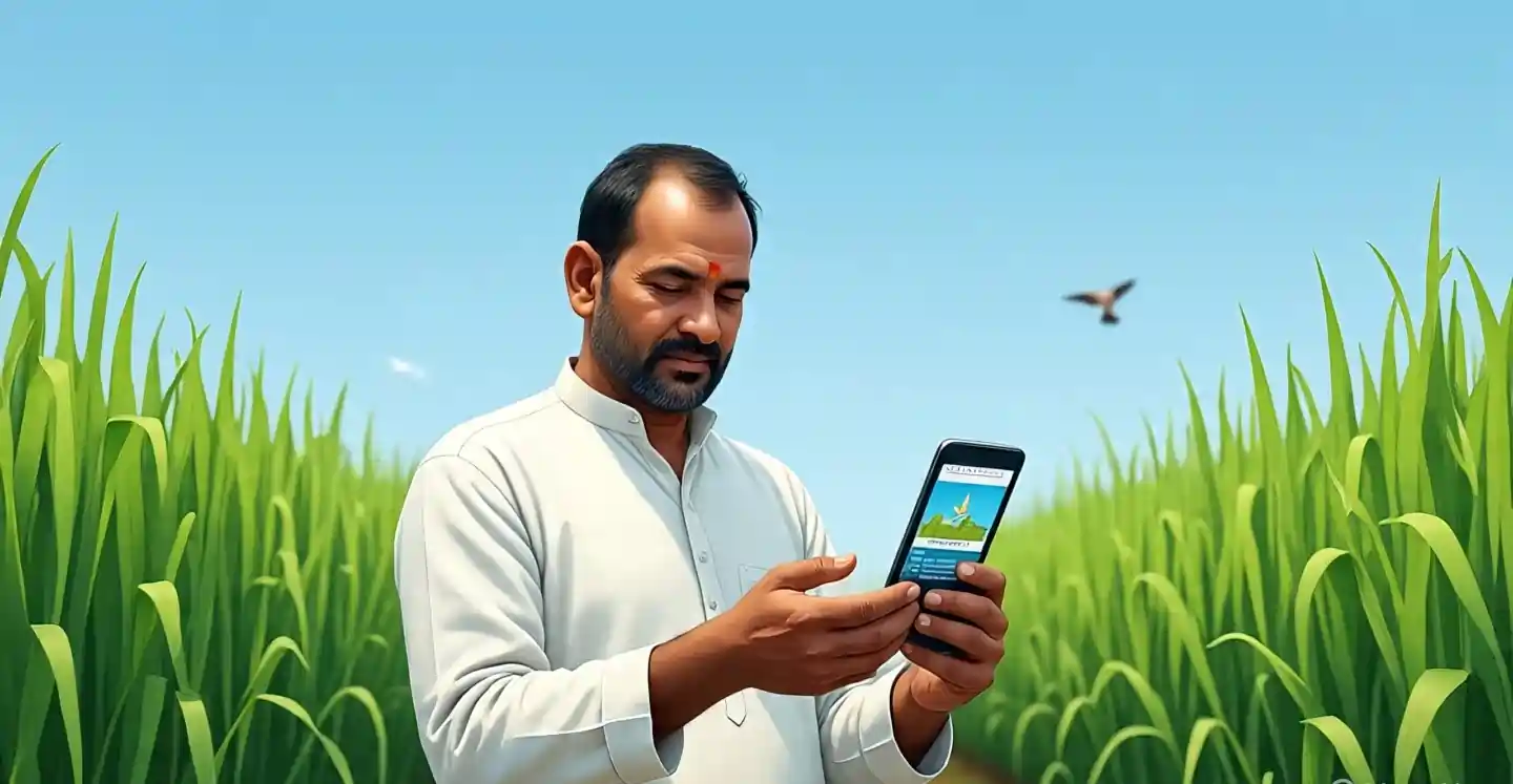 यूपी का किसान मोबाइल से रजिस्ट्रेशन करते हुए