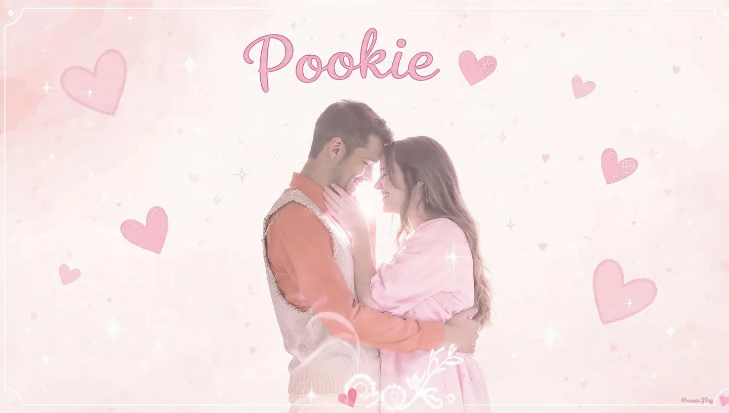 A romantic illustration of a couple with “Pookie” written on a pink background representing love and affection.